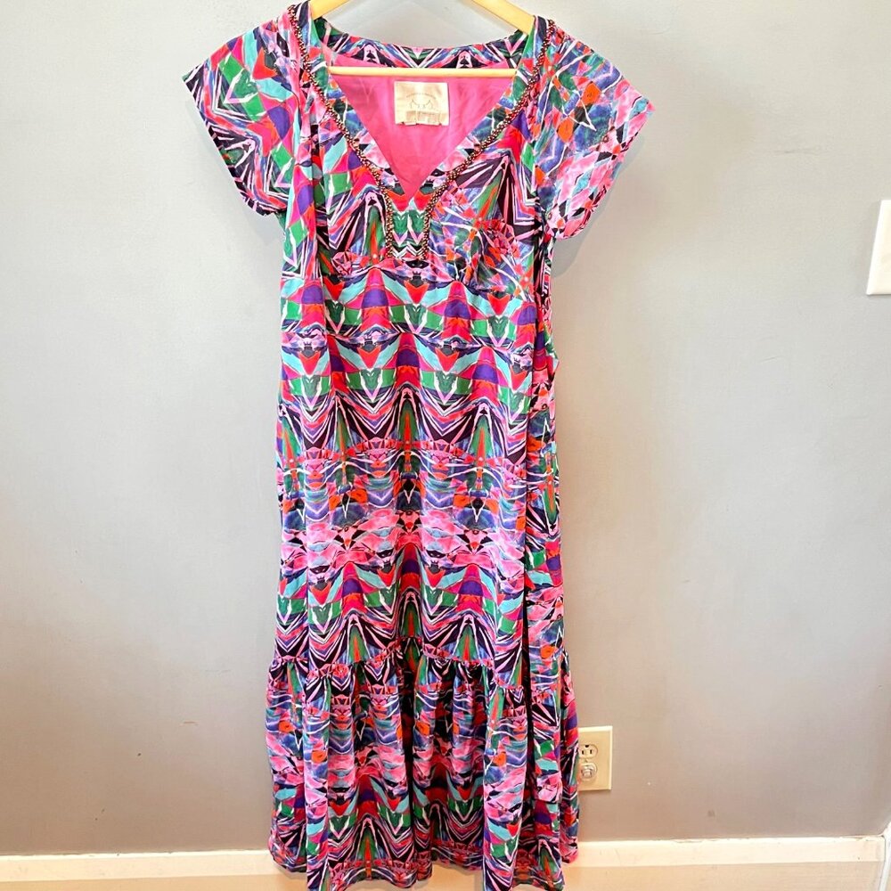 Vanessa Virginia Anthropologie Beaded‎ Mural Maxi Dress With Geometric Print-Sz.